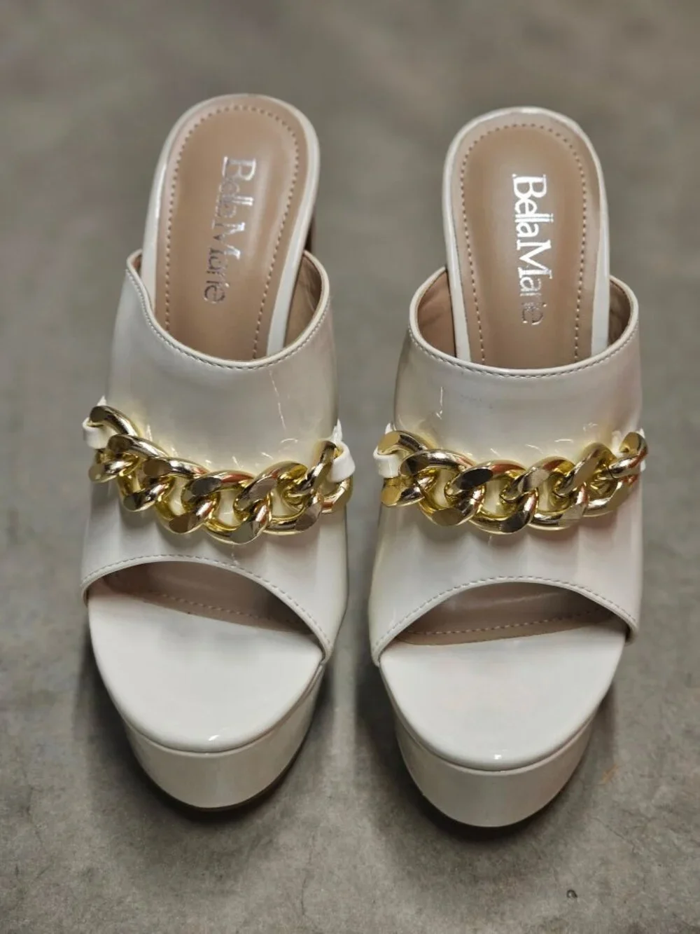 White Platform Heels With Gold Chain Detail Open Toe Patent Finish & Chunky Bloc